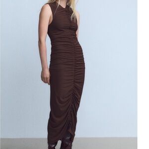 Zara Brown Ruched Maxi Dress